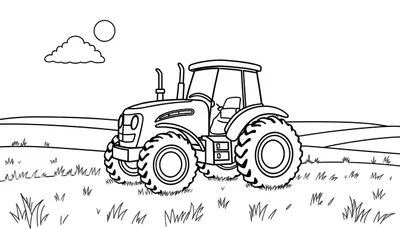 Placa de color de un tractor amigable en un campo con sol y nube.