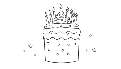 Placa de color de un pastel de cumpleaños con velas encendidas y estrellas.