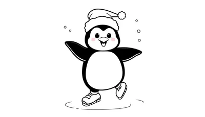 Placa de color de un pingüino amigable con un gorrito de invierno patinando sobre hielo con copos de nieve.