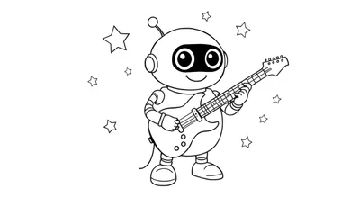 Placa de color de un robot tocando la guitarra con estrellas.
