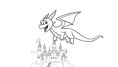 Placa de color de un dragón amigable volando sobre un castillo.