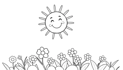 Placa de color: Un dibujo lineal de un rayo sonriente volando sobre un campo de flores.