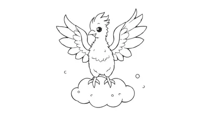 Placa de color de un pájaro caricaturesco sobre una nube.