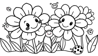 Placa de color de un jardín con flores sonrientes y mariquitas.