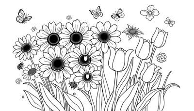 Placa de color con un ramo de flores y mariposas para colorear.