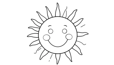 Placa de color de un sol sonriente y amigable, listo para ser coloreado, con rayos puntiagudos y ondulados.