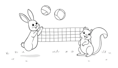 Placa de color de un conejo y una ardilla jugando voleibol.
