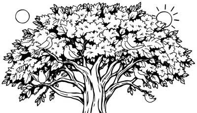 Placa de color de un árbol con pájaros.