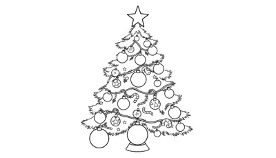 Una placa de color de un árbol de Navidad con un diseño de dibujo lineal, adornado con bolas, guirnaldas, estrellas y bastones de caramelo, listo para ser coloreado.