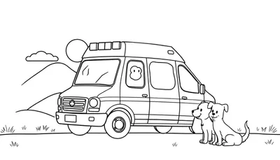 Ambulancia para colorear con un mono y perros, con una montaña y un sol al fondo.