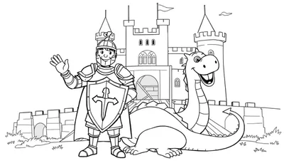 Página para colorear de un caballero saludando a un dragón sonriente frente a un castillo.