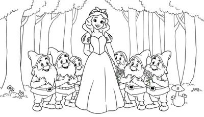 Blancanieves y los Siete Enanitos en el bosque, una placa para colorear en blanco y negro.