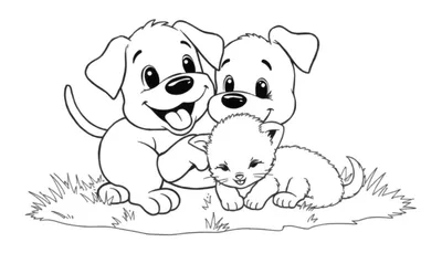Placa para colorear: dos cachorros sonriendo y un gatito acostado en la hierba.