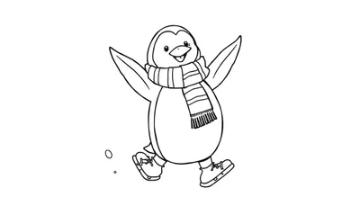 Dibujo lineal de un pingüino patinando con una bufanda, listo para colorear en la placa.