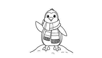 Pingüino adorable con bufanda listo para colorear en una placa.