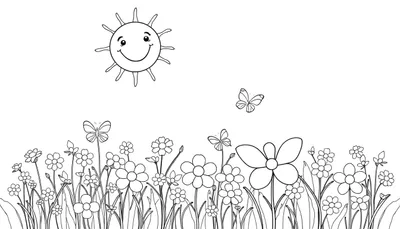 Placa para colorear de un paisaje primaveral con sol sonriente, mariposas y flores.