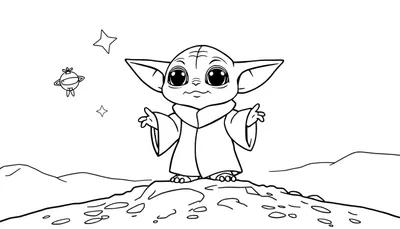 Placa de color de Baby Yoda listo para aventuras espaciales con ojos grandes.