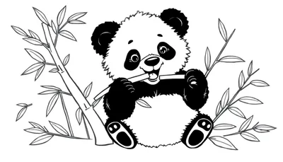 Placa de color de un lindo panda de dibujos animados comiendo bambú.