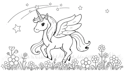 Placa de color para niños con un unicornio alado amigable en un campo de flores bajo un cielo estrellado.