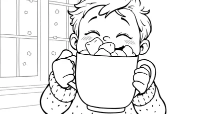 Placa de color de un niño feliz disfrutando de una taza de chocolate caliente con malvaviscos.