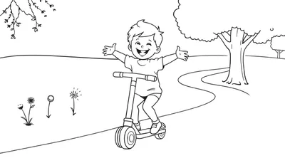 Niño sonriente en patinete listo para colorear en la placa.
