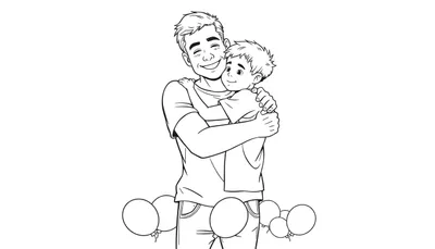 Placa de dibujo lineal de un padre y un hijo abrazándose, rodeados de globos.