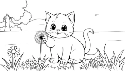 Un gatito dibujado a mano sosteniendo un diente de león, listo para ser coloreado.