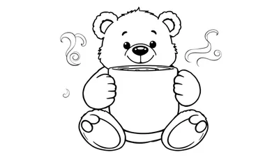 Osito de peluche disfrutando de una taza humeante en una placa para colorear.