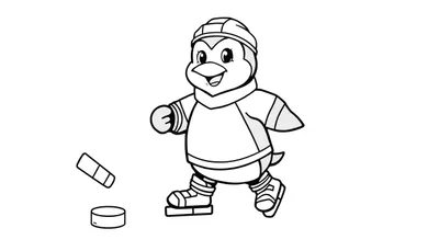 Placa de color de un pingüino jugando al hockey con un palo y un puck.