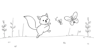 Una placa para colorear de un zorro feliz persiguiendo mariposas en un campo.