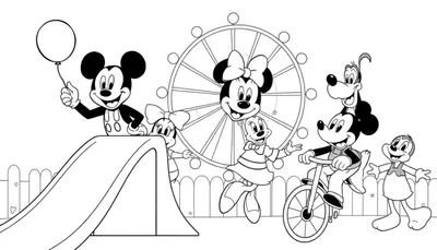 Página para colorear en blanco y negro de Mickey Mouse y sus amigos en un parque temático con una noria.