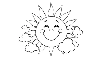 Placa para colorear de un sol sonriente rodeado de nubes.