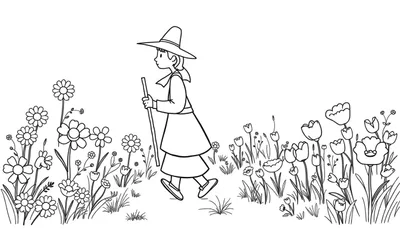 Una página para colorear de un peregrino sonriente con un sombrero, caminando por un campo de flores de margarita y tulipán.