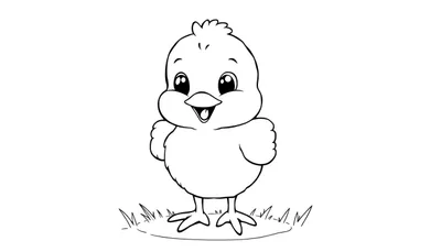 Un pollito tierno en blanco y negro para colorear, con una gran sonrisa y plumas adorables, listo para ser pintado con una placa de color.