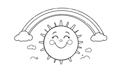 Placa de color de un sol sonriente bajo un arcoíris con nubes.