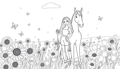Página para colorear de una chica y un caballo en un campo de flores, listo para añadir color.