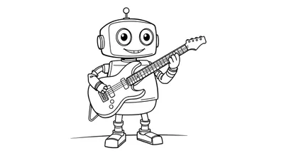 Un robot amigable toca un bajo de dibujos animados en blanco y negro, listo para ser coloreado.