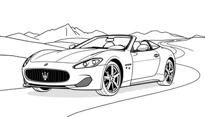 Placa de color de un coche deportivo Maserati descapotable en una carretera de montaña.