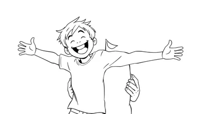 Un niño sonriente con los ojos cerrados y los brazos abiertos, sostenido por manos detrás de él, en un dibujo lineal en blanco y negro de la placa de color.