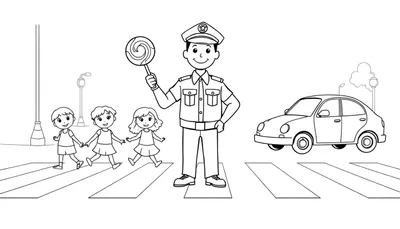 Ilustración en blanco y negro de un policía con una paleta de colores, dirigiendo el tráfico en un paso de peatones con niños cruzando.