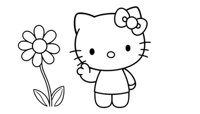 Hello Kitty saludando junto a una flor, lista para colorear en esta placa de color.