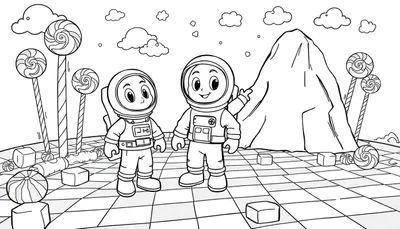 Un astronauta solitario en un planeta de dulces, listo para ser coloreado, sin colores visibles en la placa de color.