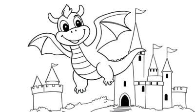Placa de color de un dragón sonriente con alas extendidas frente a un castillo con torres.