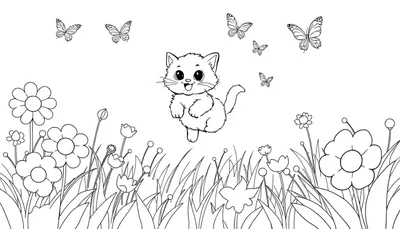 Placa de color: un gato de dibujos animados persiguiendo mariposas entre flores.