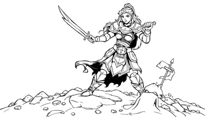 Mulán, la valiente guerrera, lista para la acción con su armadura y espada, una placa de color que la hace destacar.
