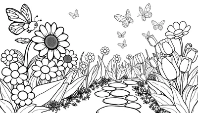 Placa de color de un jardín secreto con margaritas, tulipanes y mariposas.