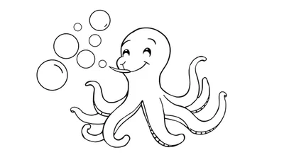 Placa de color de un pulpo sonriente soplando burbujas