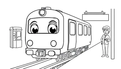 Dibujo lineal de un tren sonriente con ojos grandes y una placa de color en la parte delantera, esperando en la estación.