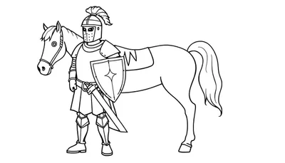 Caballero valiente con su caballo, listo para la aventura, esperando ser coloreado con la placa de color.