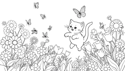 Una placa de color en blanco y negro de un gato de dibujos animados persiguiendo mariposas entre flores.